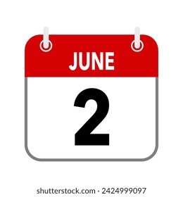 2 de junio, icono de fecha de calendario sobre fondo blanco.
