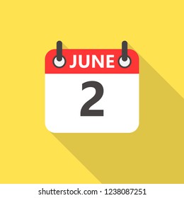 2 june calendar flat style icon with long shadow.