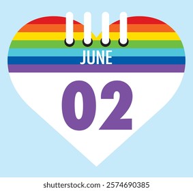 2 June calendar icon pride color heart shape on light sky blue color background, calendar vector symbol for the month of  June.