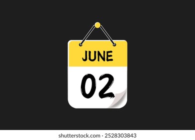 2 June calendar icon text page monthly web design on yellow, red, black, and white background vector, icon, or illustration with the month of June 2