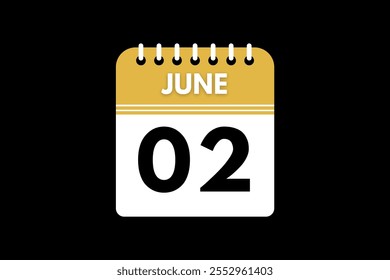 Diseño web mensual de la página de texto del ícono del calendario del 2 de junio en el Vector, el ícono o la ilustración de fondo dorado, negro y blanco con el mes del 2 de junio