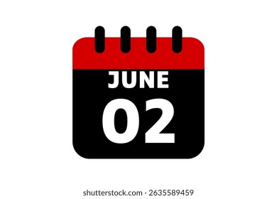 2 June calendar icon text page monthly web design on red, black and white background vector, icon, or illustration with the month of June 2