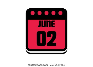 2 June calendar icon text page monthly web design on red, black and white background vector, icon, or illustration with the month of June 2