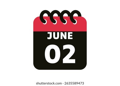 2 June calendar icon text page monthly web design on red, black and white background vector, icon, or illustration with the month of June 2