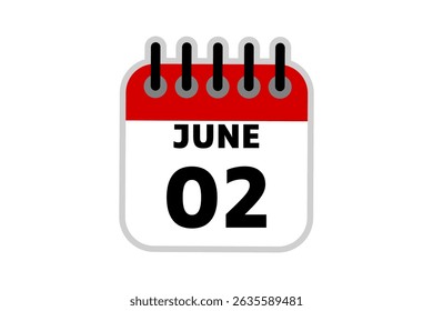 2 June calendar icon text page monthly web design on red, black and white background vector, icon, or illustration with the month of June 2
