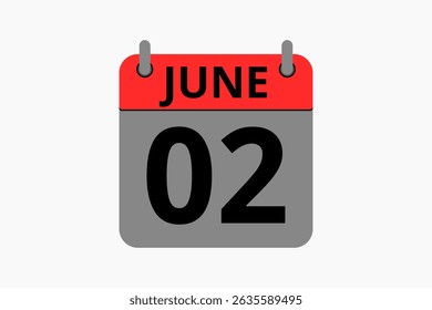 2 June calendar icon text page monthly web design on red, black and white background vector, icon, or illustration with the month of June 2