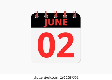 2 June calendar icon text page monthly web design on red, black and white background vector, icon, or illustration with the month of June 2