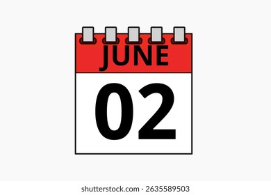 2 June calendar icon text page monthly web design on red, black and white background vector, icon, or illustration with the month of June 2