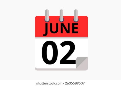 2 June calendar icon text page monthly web design on red, black and white background vector, icon, or illustration with the month of June 2
