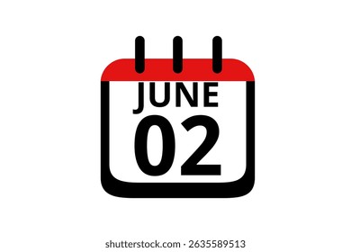 2 June calendar icon text page monthly web design on red, black and white background vector, icon, or illustration with the month of June 2