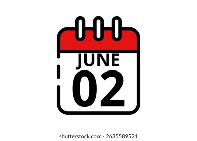 2 June calendar icon text page monthly web design on red, black and white background vector, icon, or illustration with the month of June 2