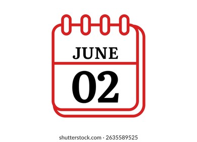 2 June calendar icon text page monthly web design on red, black and white background vector, icon, or illustration with the month of June 2
