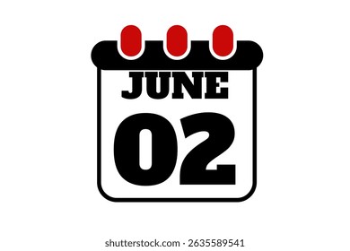 2 June calendar icon text page monthly web design on red, black and white background vector, icon, or illustration with the month of June 2