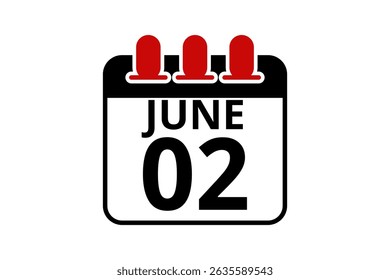 2 June calendar icon text page monthly web design on red, black and white background vector, icon, or illustration with the month of June 2