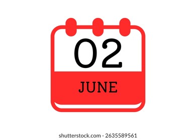 2 June calendar icon text page monthly web design on red, black and white background vector, icon, or illustration with the month of June 2