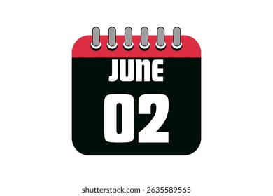 2 June calendar icon text page monthly web design on red, black and white background vector, icon, or illustration with the month of June 2