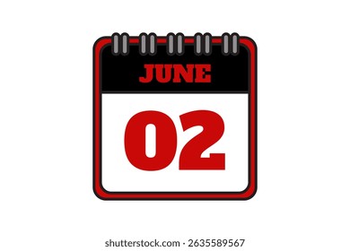 2 June calendar icon text page monthly web design on red, black and white background vector, icon, or illustration with the month of June 2