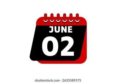 2 June calendar icon text page monthly web design on red, black and white background vector, icon, or illustration with the month of June 2