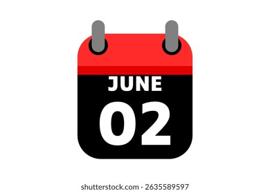 2 June calendar icon text page monthly web design on red, black and white background vector, icon, or illustration with the month of June 2