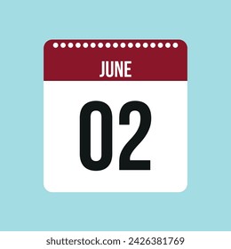 Icono de vector de calendario del 2 de junio. Fecha de junio rojo y negro para los días del mes y la semana sobre un fondo claro