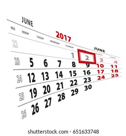 2 June highlighted on calendar 2017. Week starts from Monday. Vector Illustration.