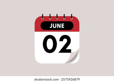 2 June month single day vector, illustration, calendar with rose red, black and off-white color background calendar June 2