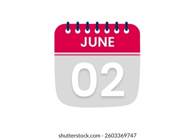 2 June month single day vector, illustration, calendar with red, off white and white color background calendar June 2