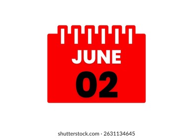 Vector de un solo día del mes de junio 2, ilustración, calendario con el icono rojo, negro y blanco del calendario del fondo del color del 2 de junio