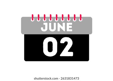 2 June month single day vector, illustration, calendar with ash, black, red and white color background calendar icon of June 2