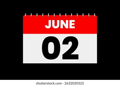 2 June month single day vector, illustration, calendar with red, off-white and black color background calendar icon of June 2