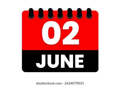2 June month single day vector, illustration, calendar with red, black and white color background calendar icon of June 2