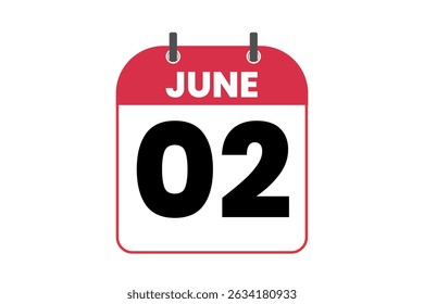 2 June month single day vector, illustration, calendar with red, black and white color background calendar icon of June 2