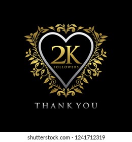 2 k or 2000 thank you Gold balloons and colorful confetti, glitters. Luxury Design for Social Network friends, followers, Web user Thank you celebrate of subscribers or followers, likes.