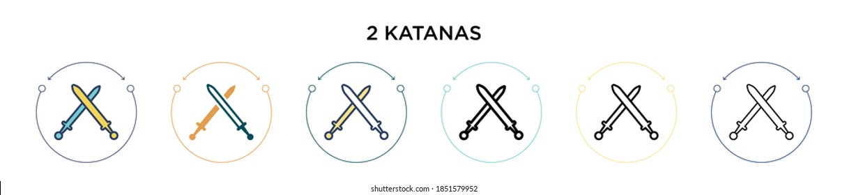 Icono de 2 katanas en estilo relleno, delgado, contorno y trazo. Ilustración vectorial de dos iconos vectores de katanas de color y negro 2 pueden utilizarse para móviles, ui, web