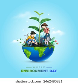 2 Niños plantando plantas verdes en el árbol. Día Mundial del Medio Ambiente. Moderno medio mundo creativo con Ilustración vectorial de cuidado del medio ambiente.