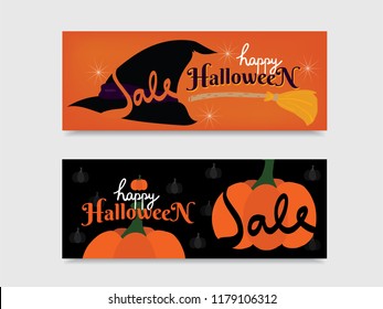 2 kinds of card or coupon for Halloween Season Sale : witch's hat and broom stick on orange paper and big pumpkins on black background