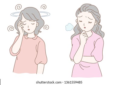  2 kinds of expressions, one woman is holding forehead with one hand, dizzy expression, the other woman is sighing with one hand on the chin