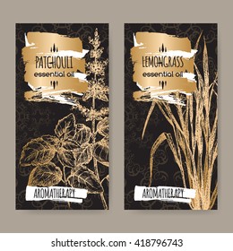 2 labels with Pogostemon cablin aka Patchouli and Cymbopogon aka lemongrass sketch on elegant black and golden lace background. Aromatherapy series. 