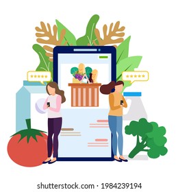 2 ladies using phone order grocery with smart phone behind, with elements of basket, fruits green vegetable, herbs, broccoli, tomato. Online grocery shopping concept 