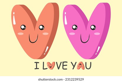2 light orange and light pink cartoon heart or love shaped objects with faces and I love you quote vector design