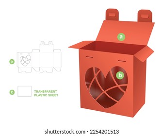 2 locked points box with heart window die cut template and 3D mockup