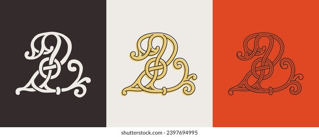 2 logo. Celtic number Two monograms. Insular style initial with knots and interwoven cords. British, Irish, or Saxons overlapping monogram. Medieval font for tattoo, St. Patrick day, and sportswear.