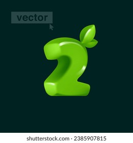 2 Logo. Nummer zwei im 3D-Cartoon-Kubikstil mit grünen Blättern. Umweltfreundliche Vektorgrafik. Unmögliche isometrische Formen. Ideal für Naturbanner, gesunde Lebensmitteletiketten, Garten- und Grasadv.