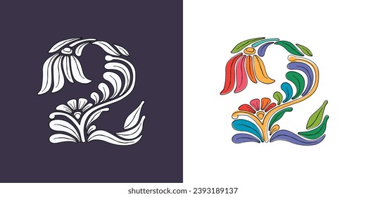 2 logotipo. Número dos con patrón botánico y floral. Hojas tradicionales y líneas curvas adornadas con bordado. Icono para la ceremonia de bodas, tarjetas de felicitación antiguas, identidad de cumpleaños, invitaciones para fiestas