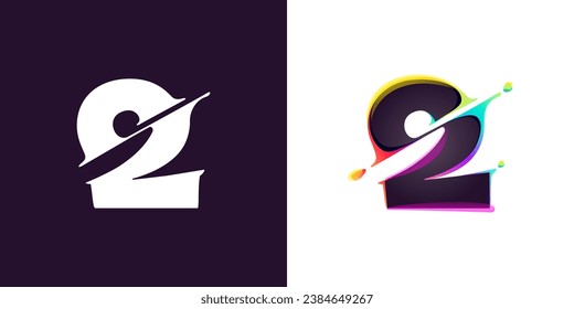 2 logo. Number two with cyber distortion, color shift effect. Multicolor gradient type. Neon glitch illusion icon. Colorful type for futuristic tech heading, video game screen, vibrant gambling art.