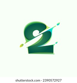 2 logo. Number two eco logo with green leaves and diagonal distortion, color shift effect. Eco-friendly vector. Lush foliage emblem. Perfect for nature banner, healthy labels, waste recycling icon.