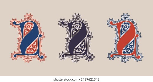 2 logo. Number two illuminated gothic monogram with naturalistic flowers ornament. Dark age german drop cap. Classic medieval red and blue Latin initials font based on XIV century manuscript.