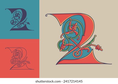 2 logo. Number two initial with trailing vines of thistle plant. Medieval blackletter drop cap based on Bohemian manuscript. Romanesque style dim colors illuminated emblem. Wax seal monogram.