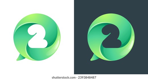 2 logo. Number two inside speech bubble with swirl pattern. Negative space style icon. Colorful gradient emblem for social media app, call center, online message, feedback icon, telemarketing screen