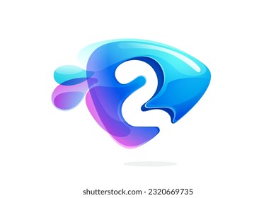2 logo. Number two made of spring water and dew drops. Environment friendly initial. Pure eco emblem in overlapping watercolor style. 3D realistic icon in triangle arrow shape. Vector play button.